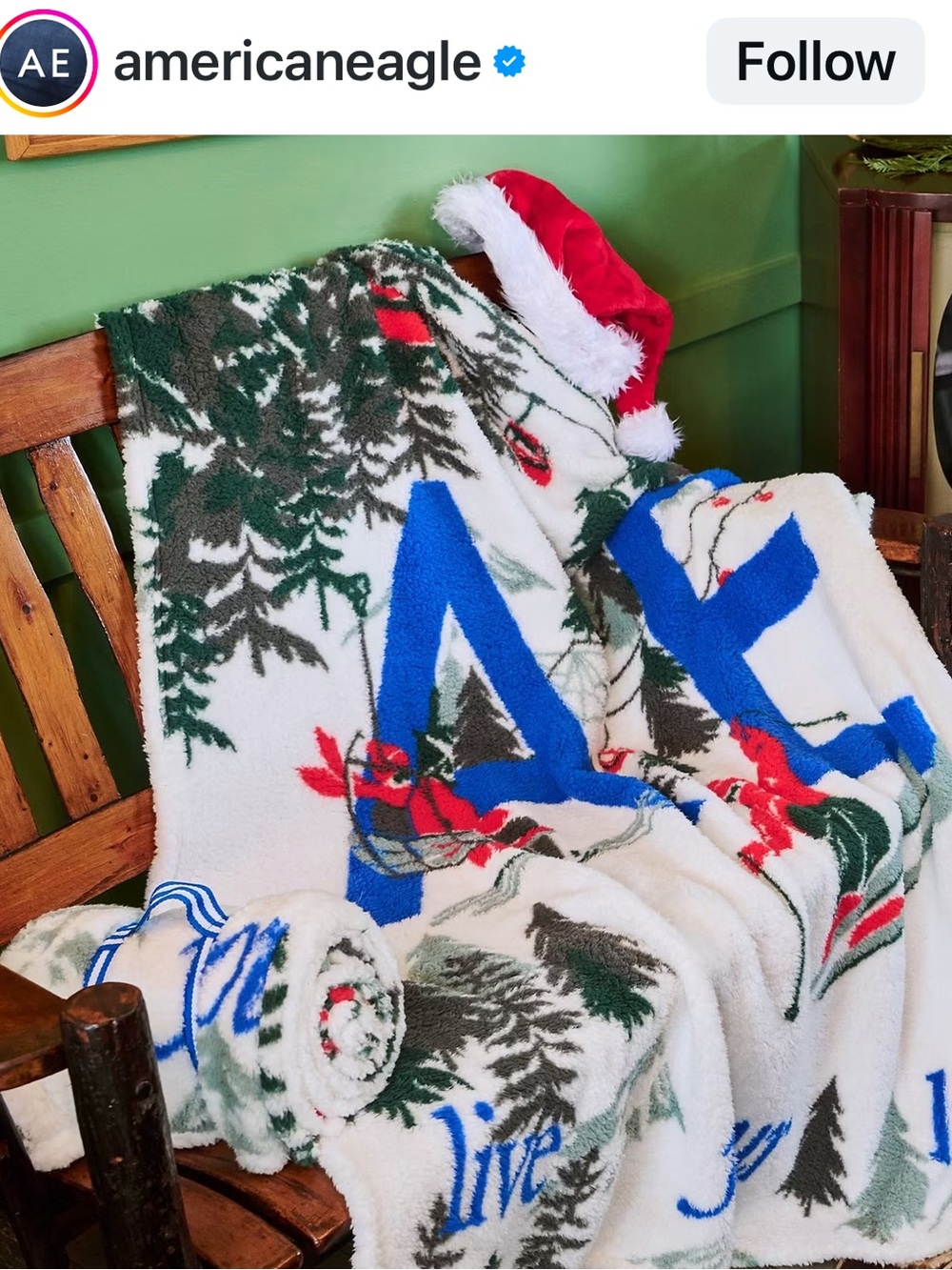 American Eagle Outfitters Holiday Plush Throw - White with Blue, Green & Red